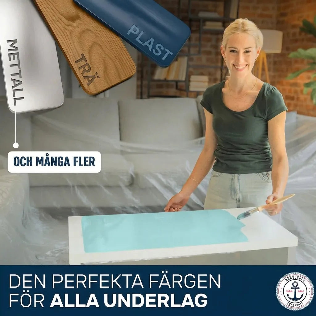 Leende kvinna målar. Text: Den perfekta färgen för metall, trä, plast och alla andra underlag.
