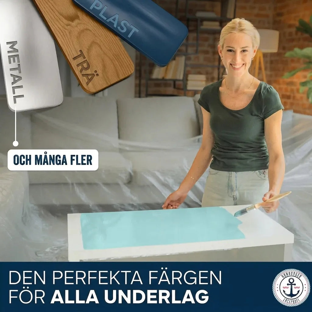 Leende kvinna målar. Text: Den perfekta färgen för metall, trä, plast och alla andra underlag.