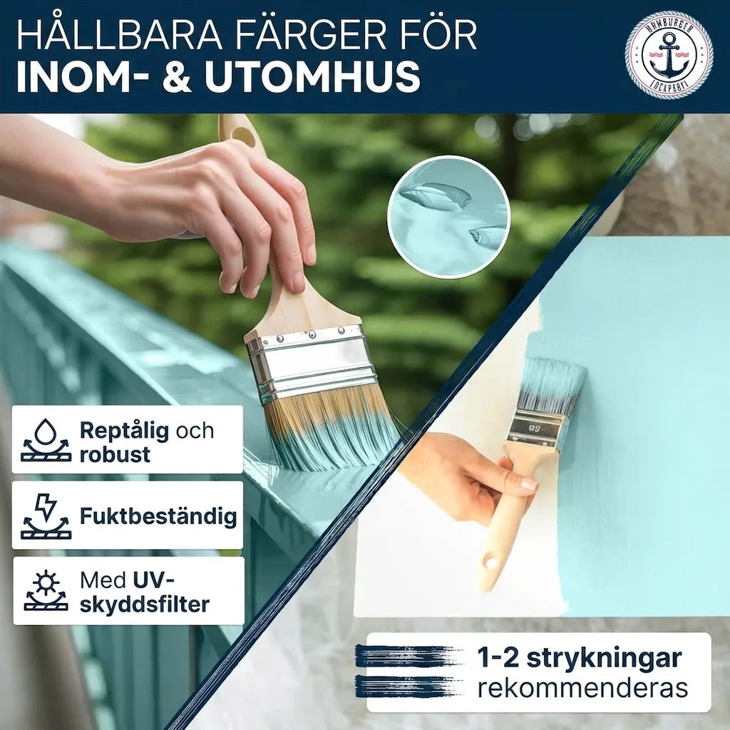 Långvarig färg för inomhus- och utomhusbruk. Reptålig, fuktbeständig, med UV-skydd. Måla enkelt 1-2 lager.