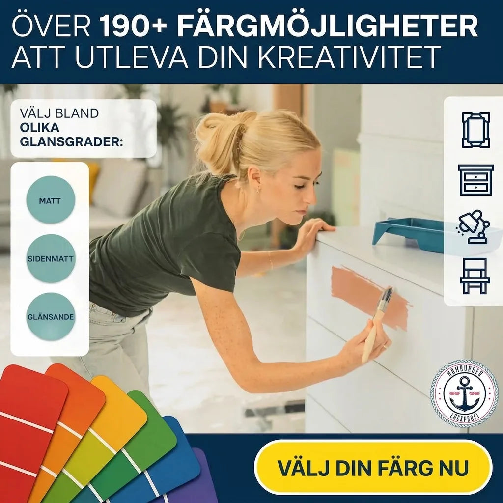 Kvinna målar byrå. Över 190 färger & olika glansgrader (matt, sidenmatt, glansig). Släpp loss din kreativitet.