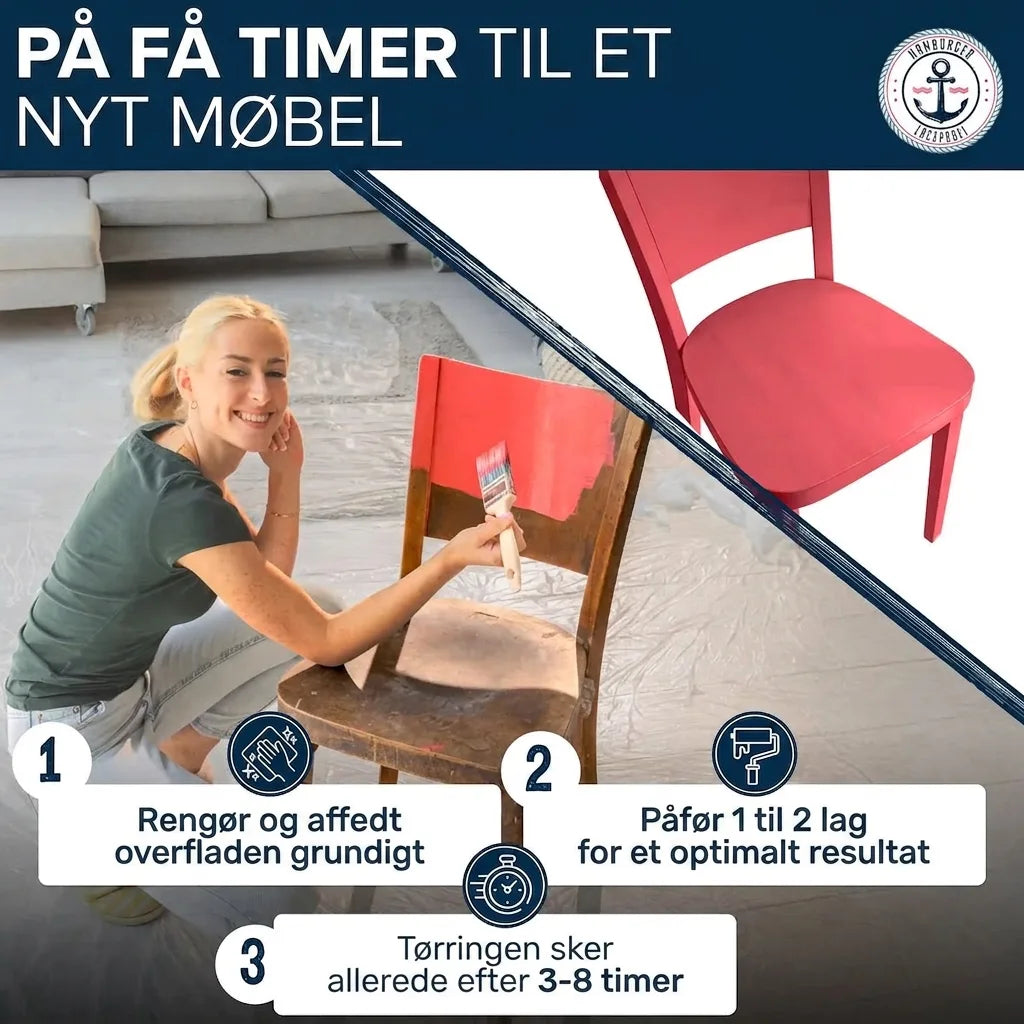 Kvinde maler gammel stol rød. Guide til møbelmaling på få timer: Rengør, mal 1-2 gange, tør 3-8 timer.