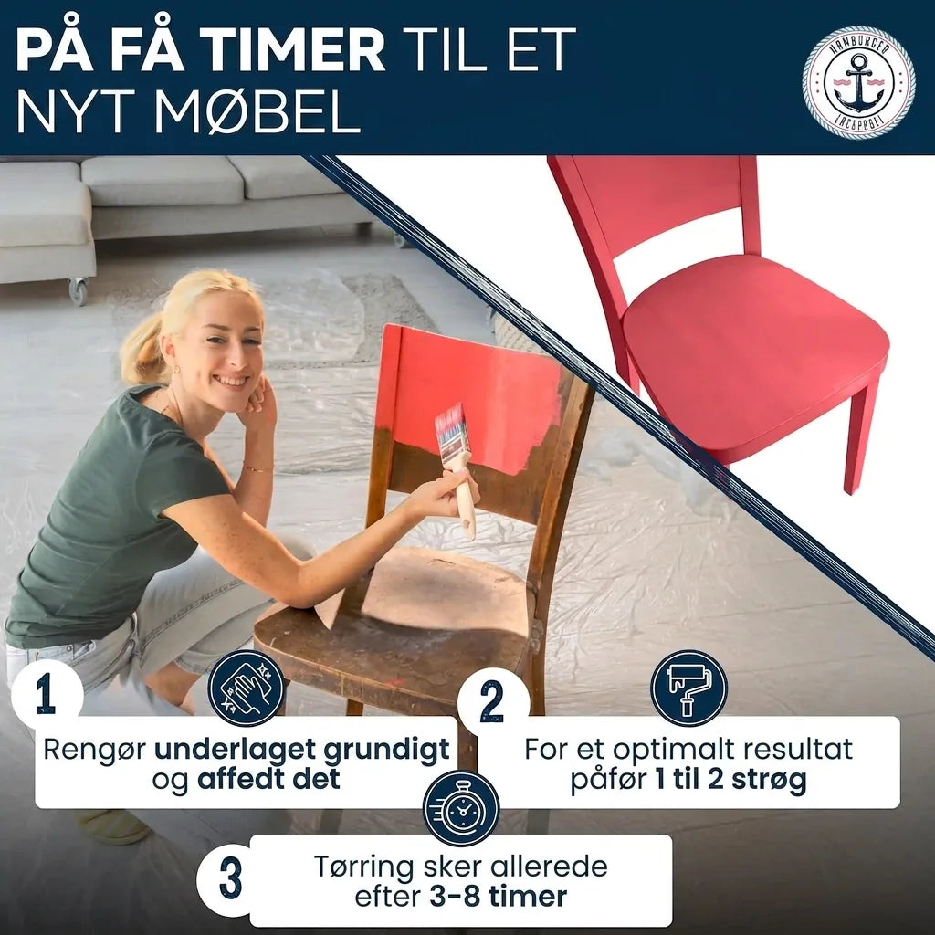 Kvinde maler gammel stol rød. Guide til møbelmaling på få timer: Rengør, mal 1-2 gange, tør 3-8 timer.
