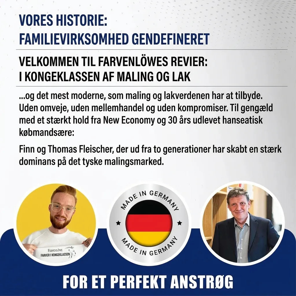 Tysk reklame: Familieforetagendet Farbenlöwe redefinerer maling og lak. Fremstillet i Tyskland, medejere Finn og Thomas.