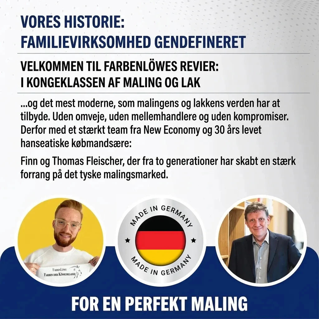 Tysk reklame: Familieforetagendet Farbenlöwe redefinerer maling og lak. Fremstillet i Tyskland, medejere Finn og Thomas.