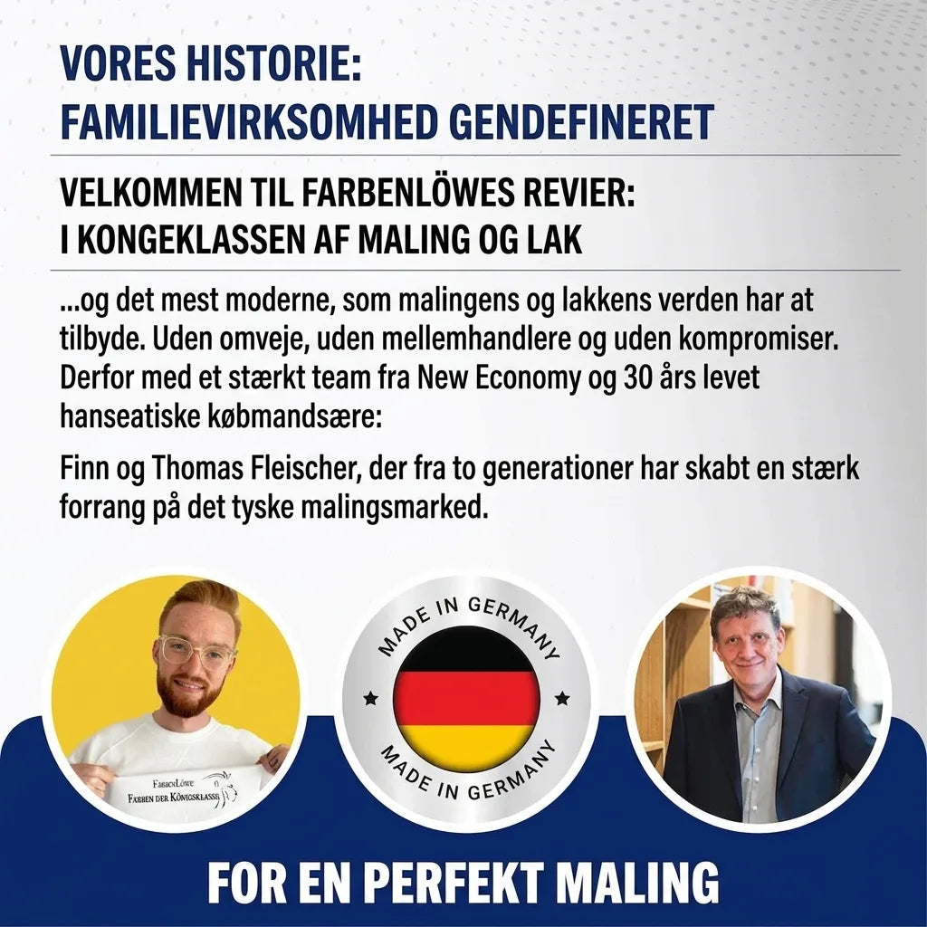 Tysk reklame: Familieforetagendet Farbenlöwe redefinerer maling og lak. Fremstillet i Tyskland, medejere Finn og Thomas.