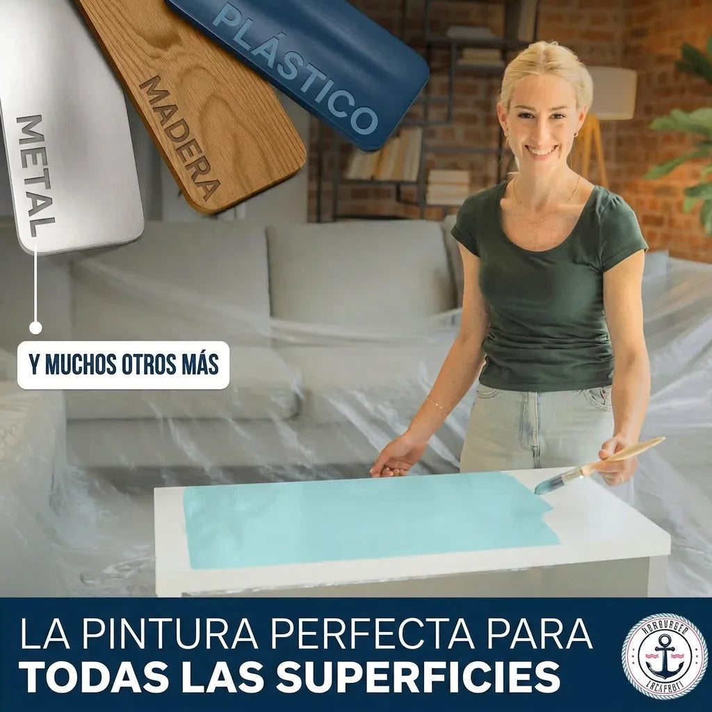 Mujer feliz pinta mesa azul. Pintura versátil para metal, madera, plástico y muchas otras superficies.