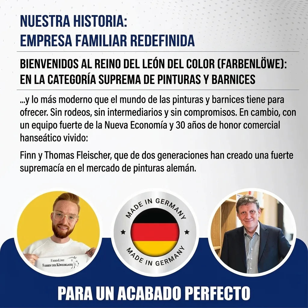 Anuncio alemán de 'Farbenlöwe' sobre empresa familiar de pinturas, destacando calidad, tradición y 'Made in Germany'.
