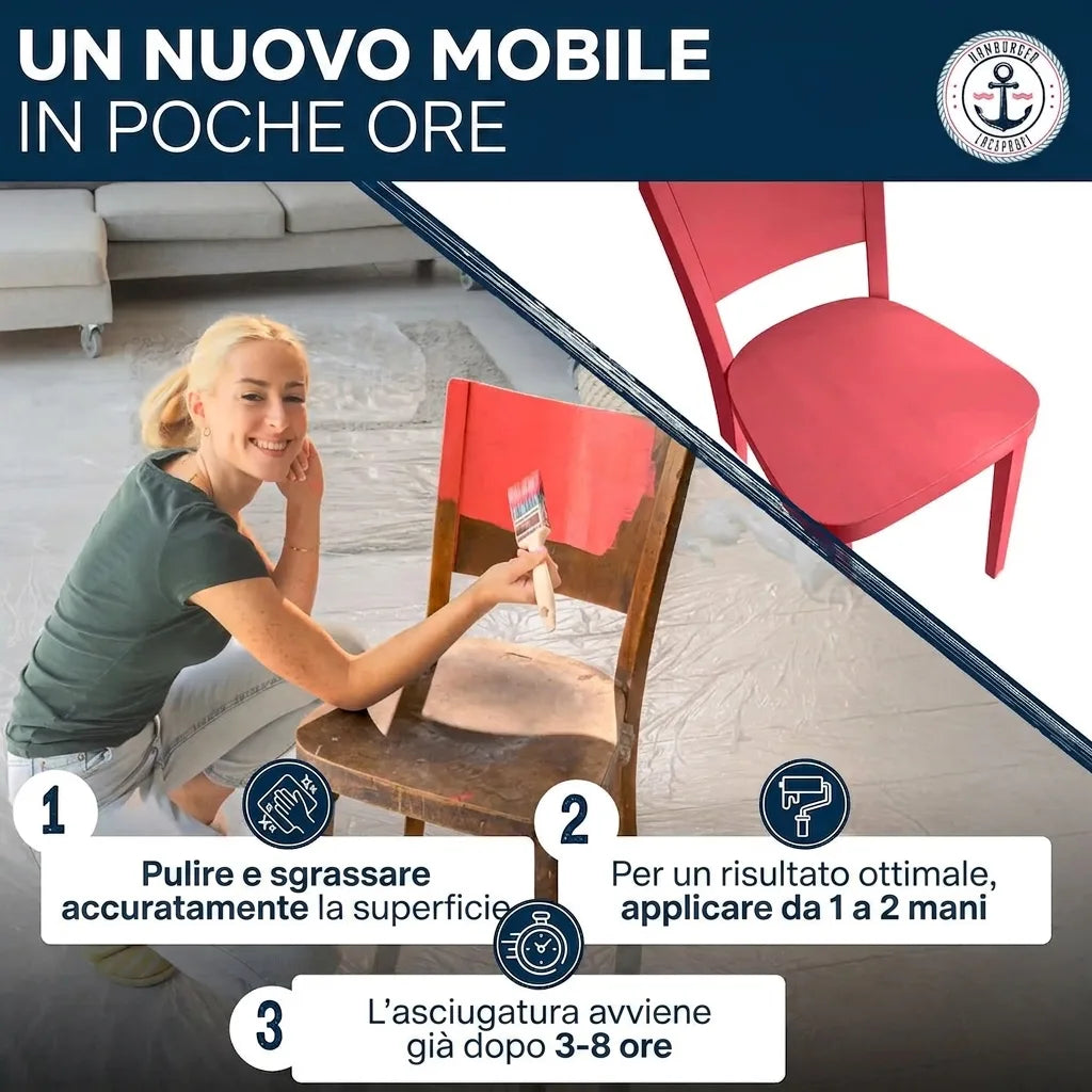 Donna che dipinge una sedia, istruzioni passo-passo per un nuovo mobile in poche ore. Pittura a rapida asciugatura.