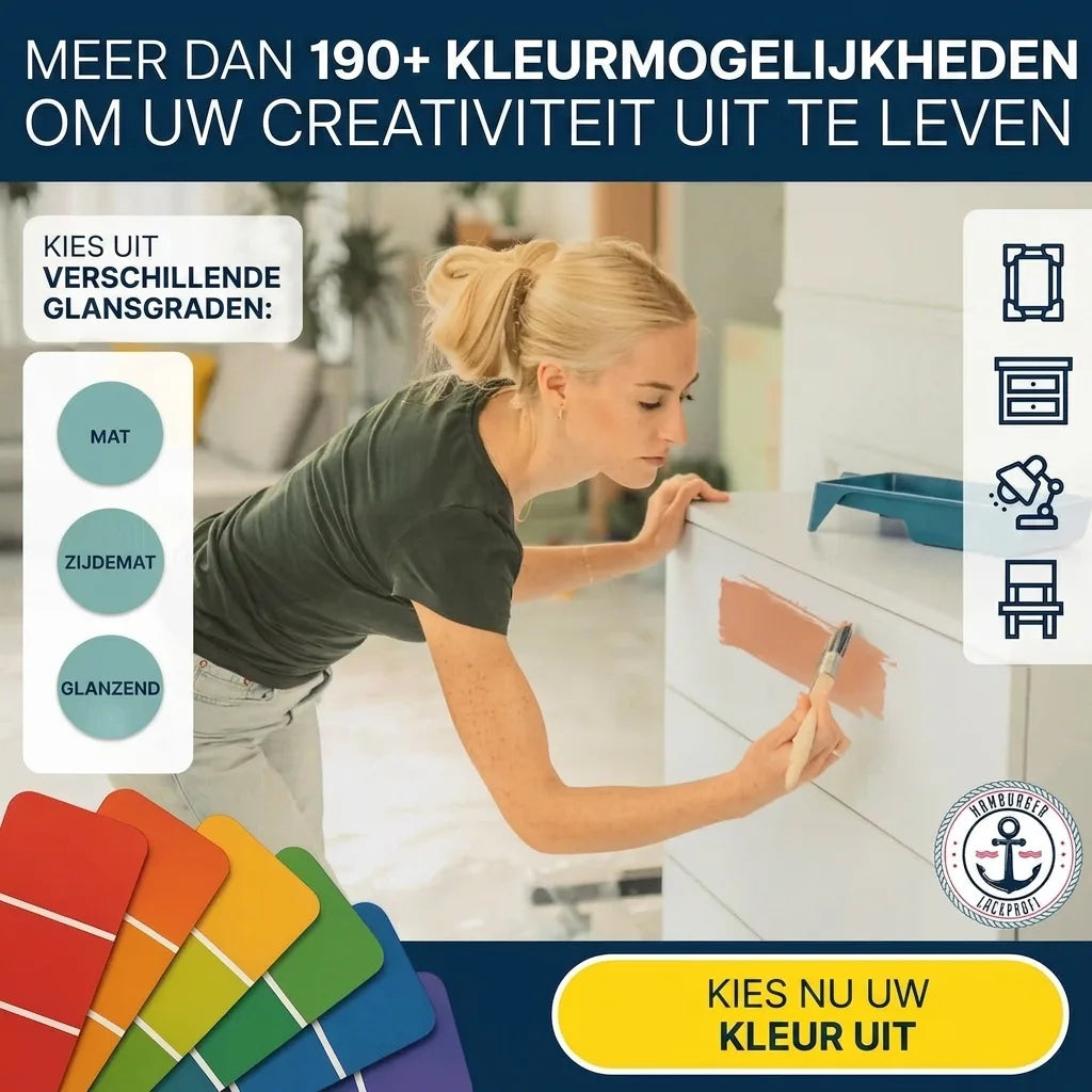 Vrouw verft meubel. Meer dan 190+ kleuren en glansgraden (mat, zijdemat, glanzend) voor jouw creativiteit.