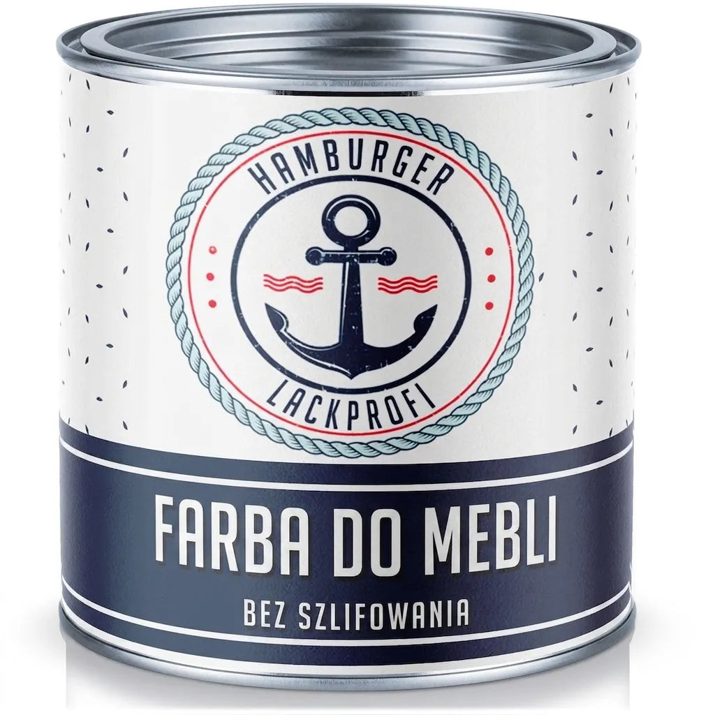 Puszka farby do mebli Hamburger Lackprofi, biało-granatowa etykieta z kotwicą, bez szlifowania.