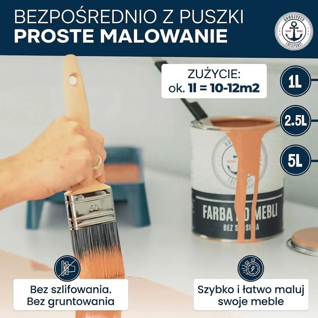 Farba do mebli: aplikacja prosto z puszki, bez szlifowania i gruntowania. Szybko odśwież meble. Wydajność: 1L=10-12m2. Dostępne pojemności: 