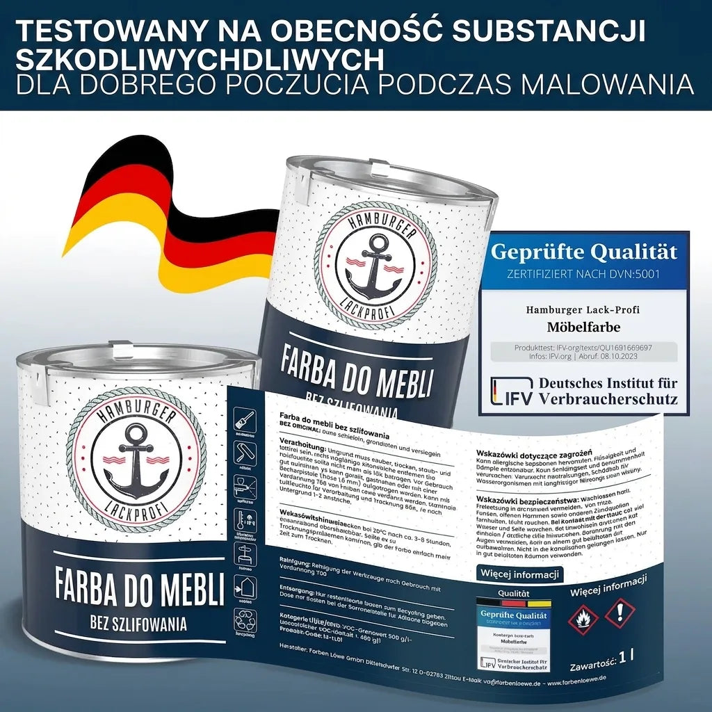 Niemiecka farba do mebli Hamburger Lack-Profi, bez szlifowania, atestowana, z certyfikatem jakości.