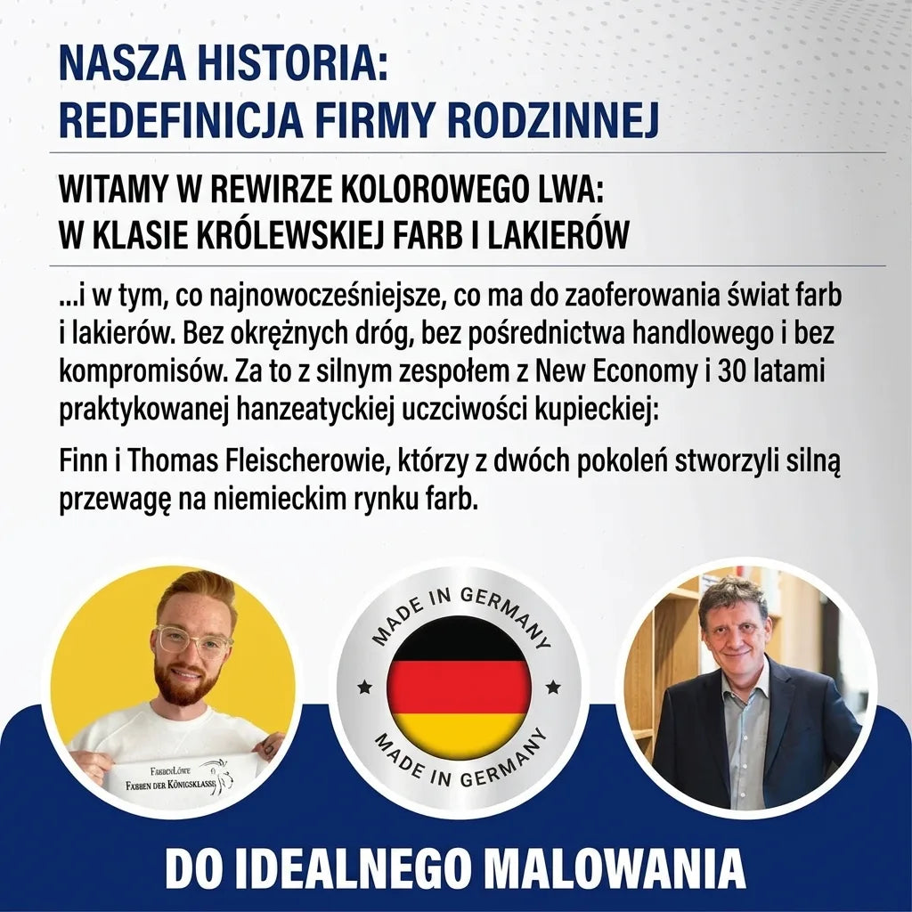 Niemiecka reklama farb Farbenlöwe: historia rodzinnej firmy, jakość premium, 'Made in Germany'. Widoczny tekst marketingowy.