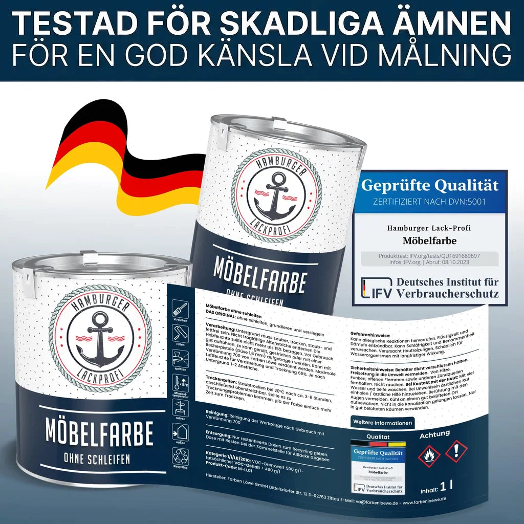 Möbelfärg från "Hamburger Lack-Profi" med "Geprüfte Qualität"-certifiering. "Möbelfarbe Ohne Schleifen".