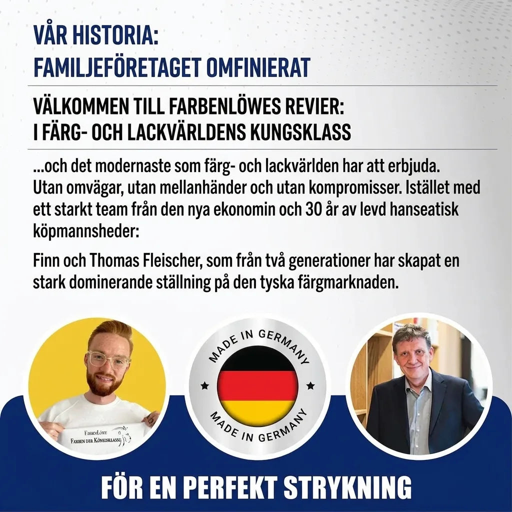 Tyskt marknadsföringsmaterial för färger från Farbenlöwe. Rubriker om familjeföretag, kvalitet och 'Made in Germany'.