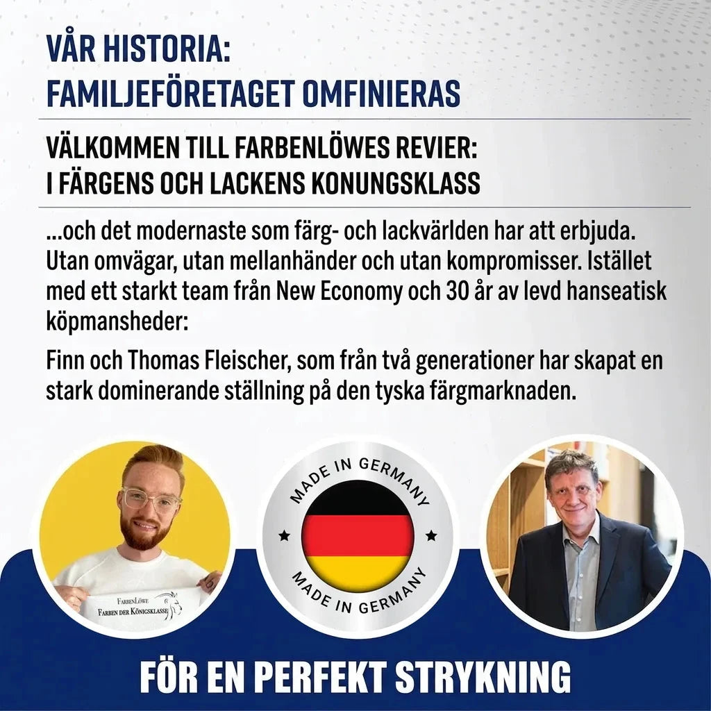 Tyskt marknadsföringsmaterial för färger från Farbenlöwe. Rubriker om familjeföretag, kvalitet och 'Made in Germany'.
