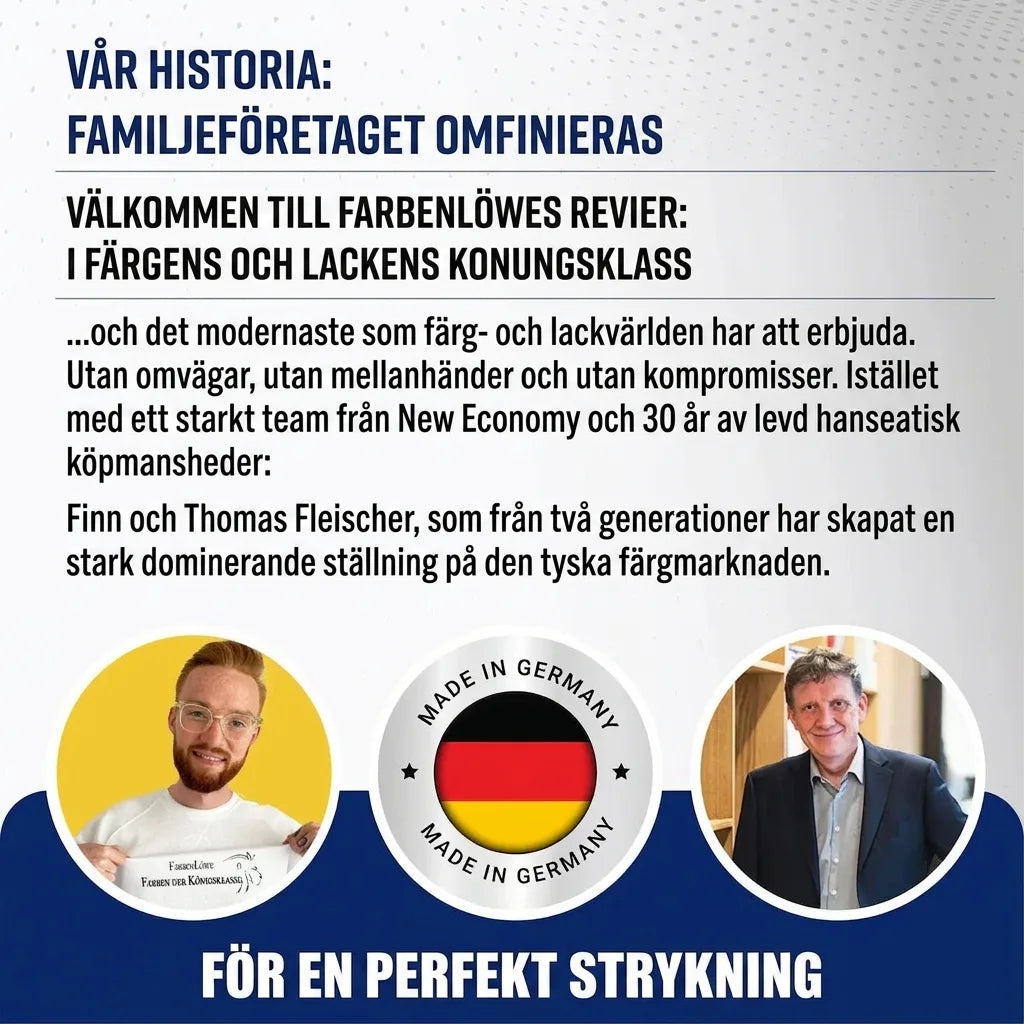 Tyskt marknadsföringsmaterial för färger från Farbenlöwe. Rubriker om familjeföretag, kvalitet och 'Made in Germany'.