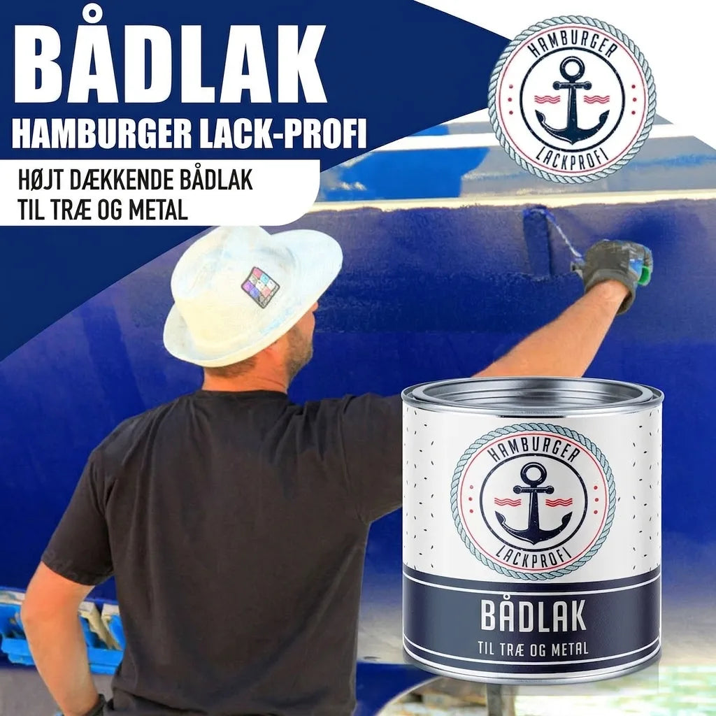 Mand maler båd blå med Hamburger Lack-Profi bådlak. Bådlak med høj dækevne til træ og metal.