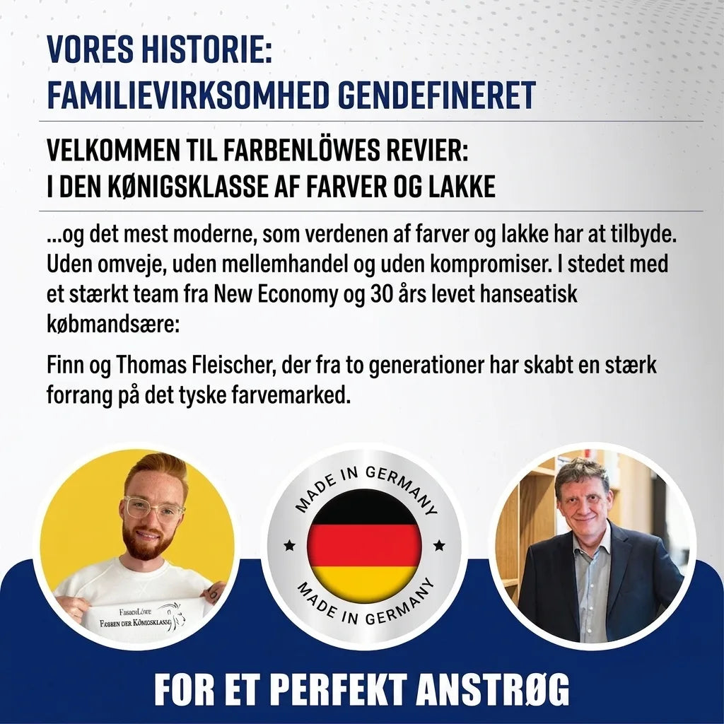 Farbenlöwe familieforetagende, der redefinerer maling og lak, med 'Made in Germany' og stifterne Finn og Thomas.