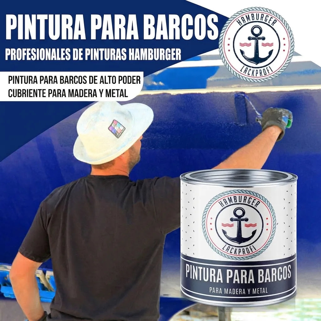 Hombre aplica laca marina azul de Hamburger Lack-Profi a un barco. Pintura de alto cubrimiento para madera y metal.