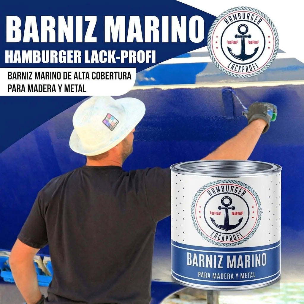 Pintura naval Hamburger Lack-Profi. Laca de alta cobertura para madera y metal. Hombre pintando barco.