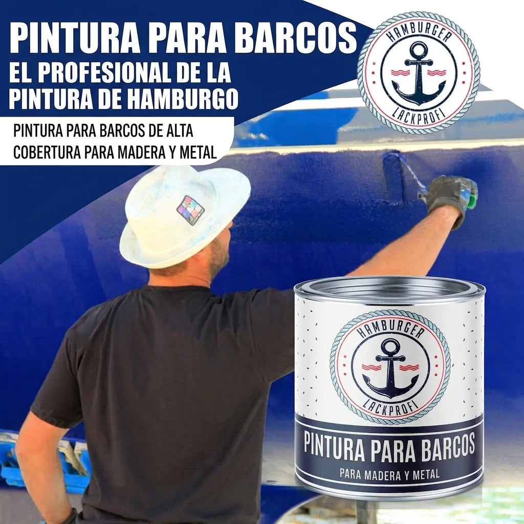 Pintura naval Hamburger Lack-Profi. Laca de alta cobertura para madera y metal. Hombre pintando barco.