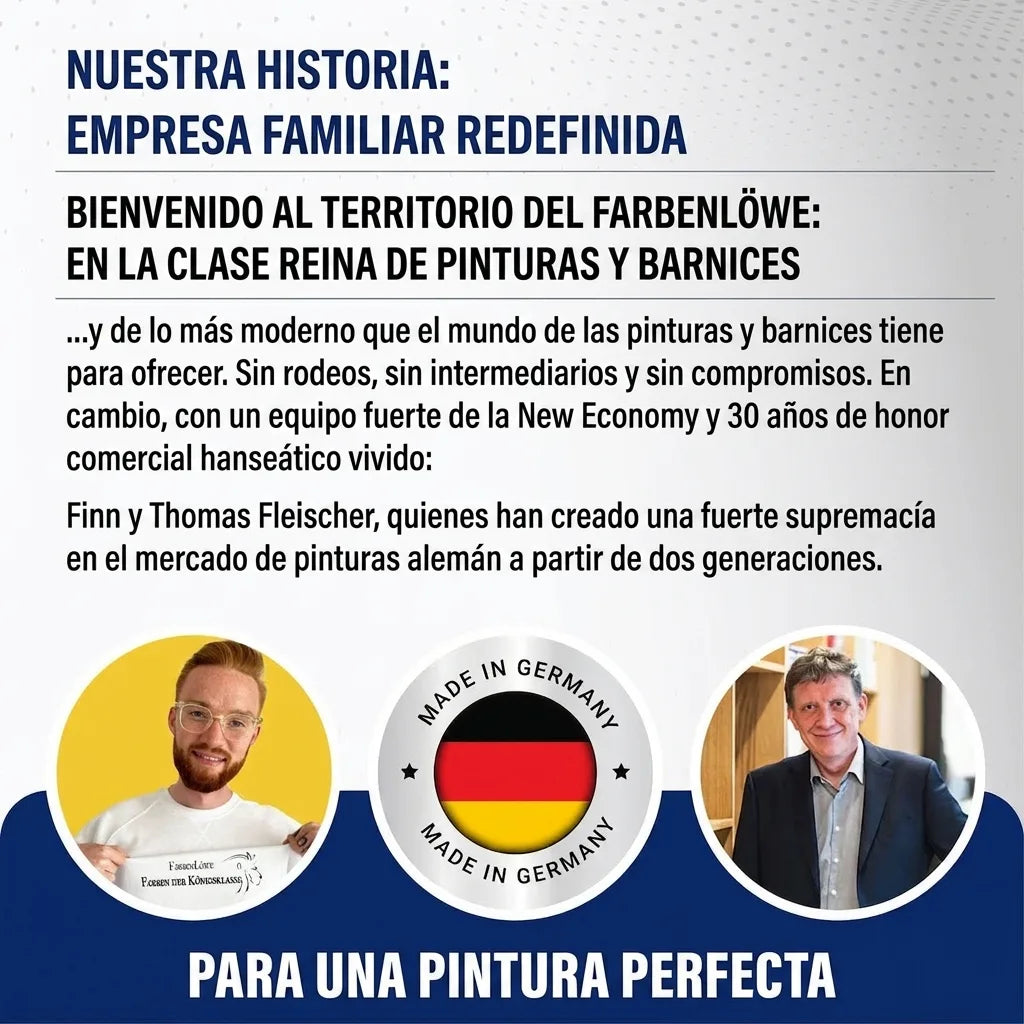 Póster alemán: empresa familiar de pintura. Destaca fundadores y sello 'Made in Germany'.