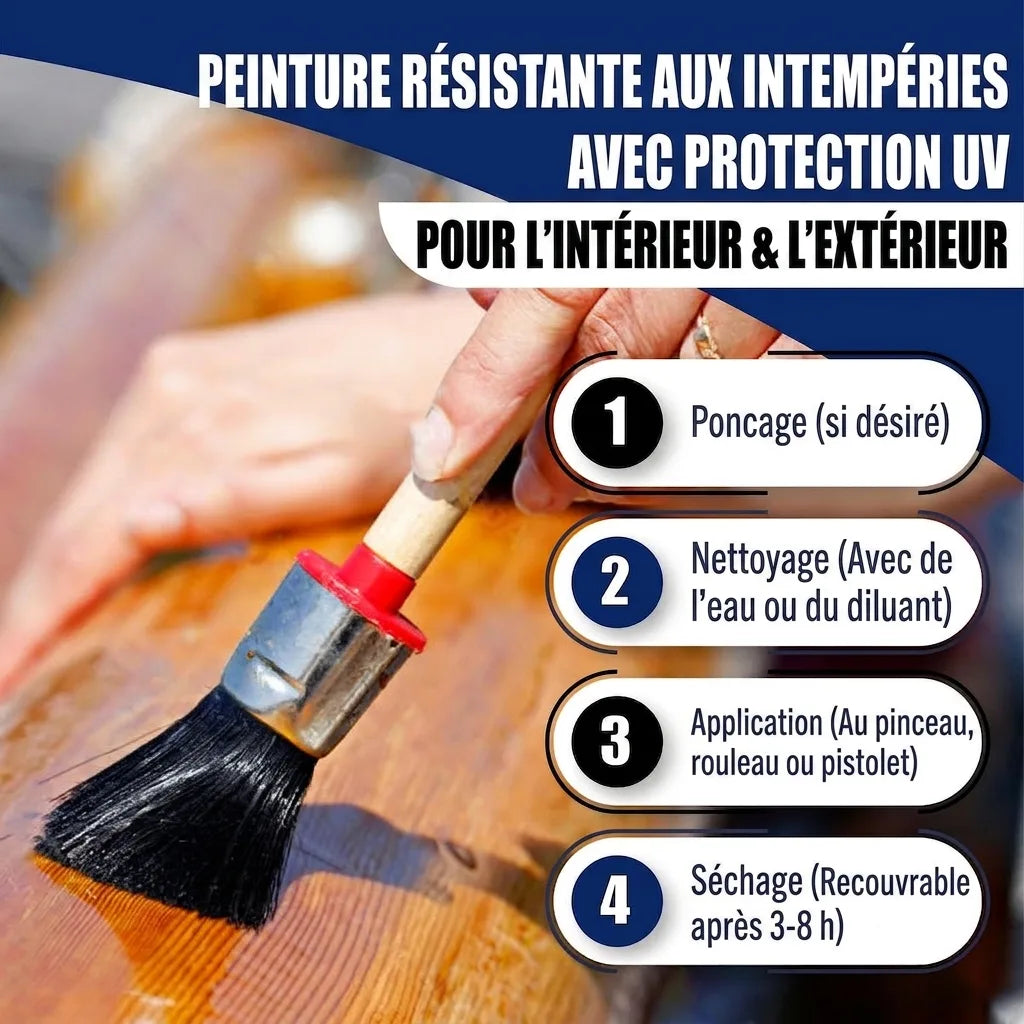 Instructions en allemand pour l'application d'une peinture bois UV résistante aux intempéries (intérieur/extérieur).