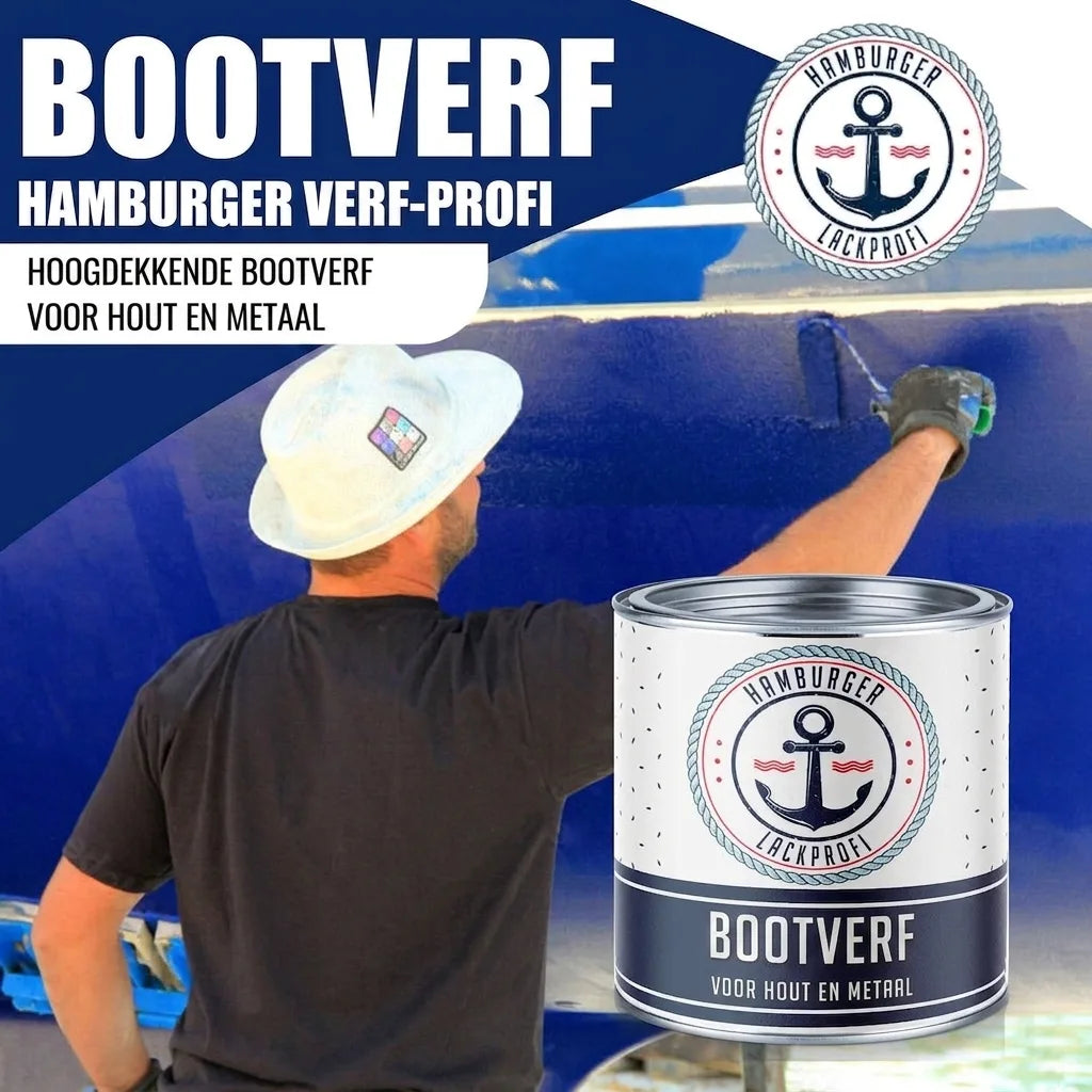 Man schildert blauwe boot met Hamburger Lack-Profi hoogdekkende bootlak voor hout en metaal.