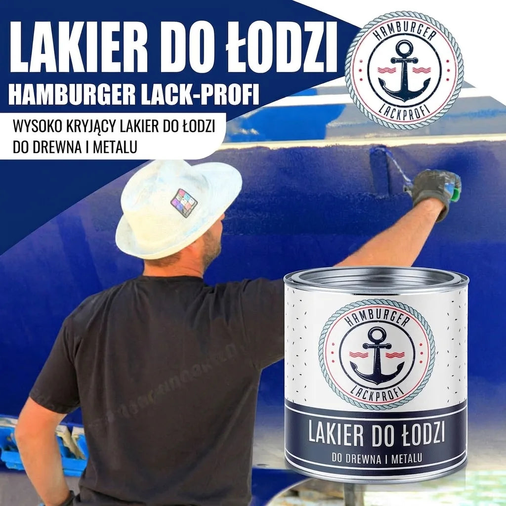 Mężczyzna maluje łódź niebieskim lakierem. Puszka lakieru do łodzi Hamburger Lack-Profi do drewna i metalu.