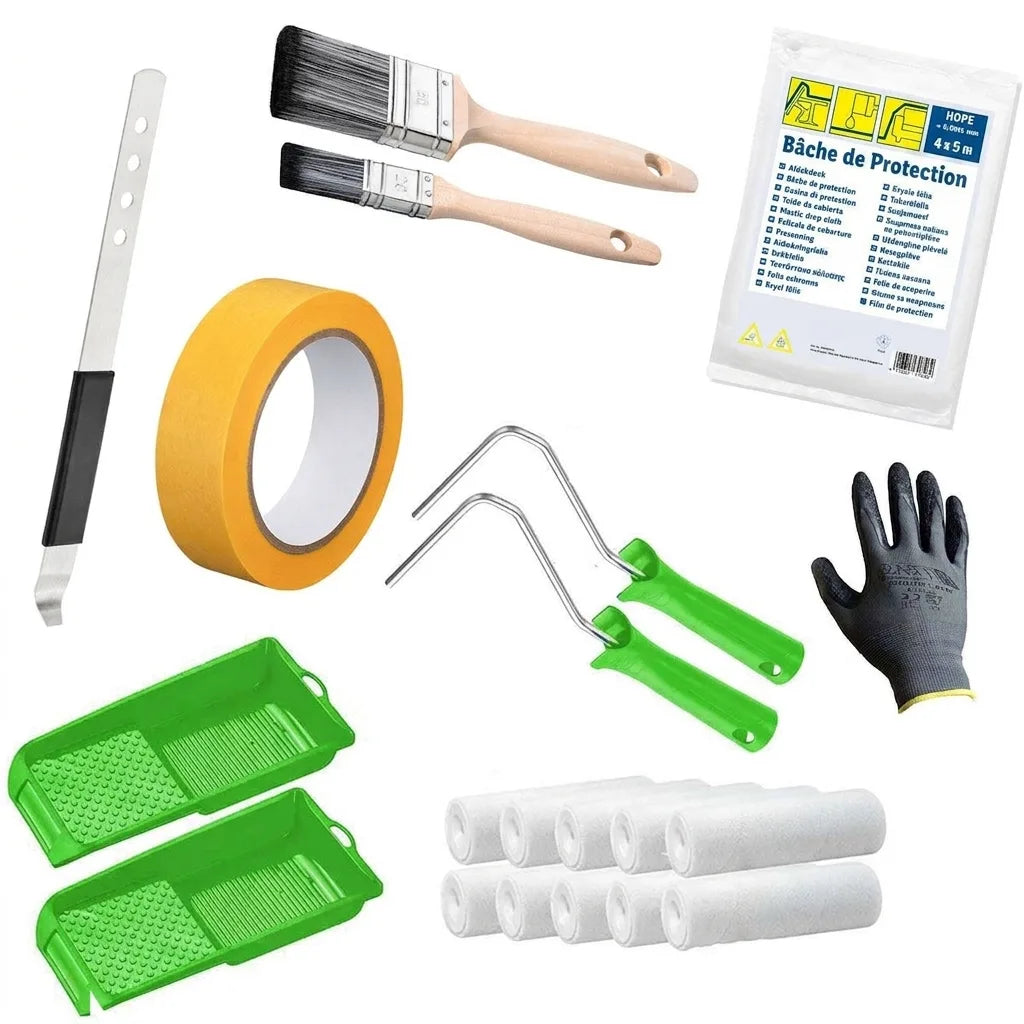Kit de peinture complet: pinceaux, ruban adhésif, rouleaux, bacs, gants, film de protection et spatule.