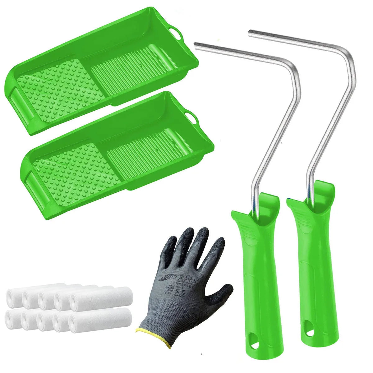Set schildergereedschap: 2 groene verfbakken, 2 rollerbeugels, 8 mini verfrollers, werkhandschoen
