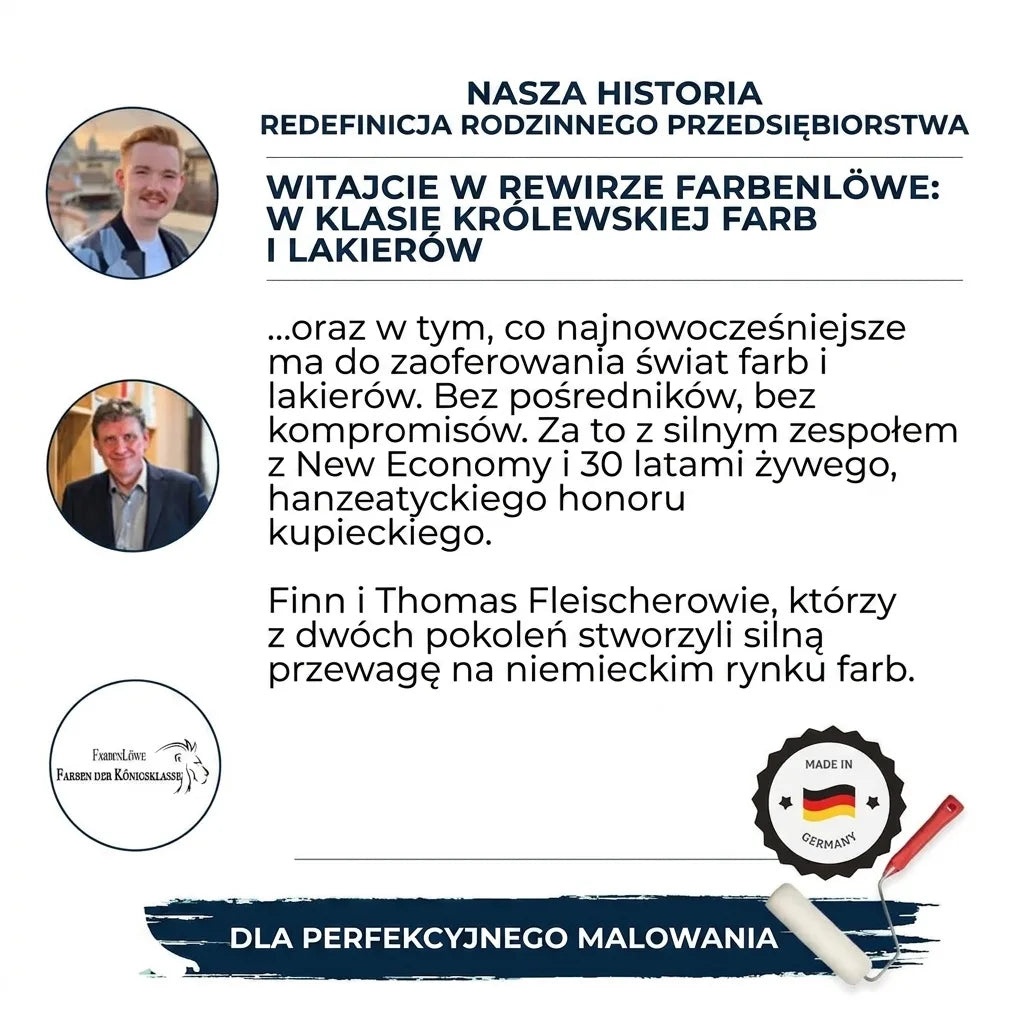 Historia FarbenLöwe: rodzinna firma z Niemiec, wysokiej jakości farby i lakiery. Finn i Thomas Fleischer, dwie generacje.