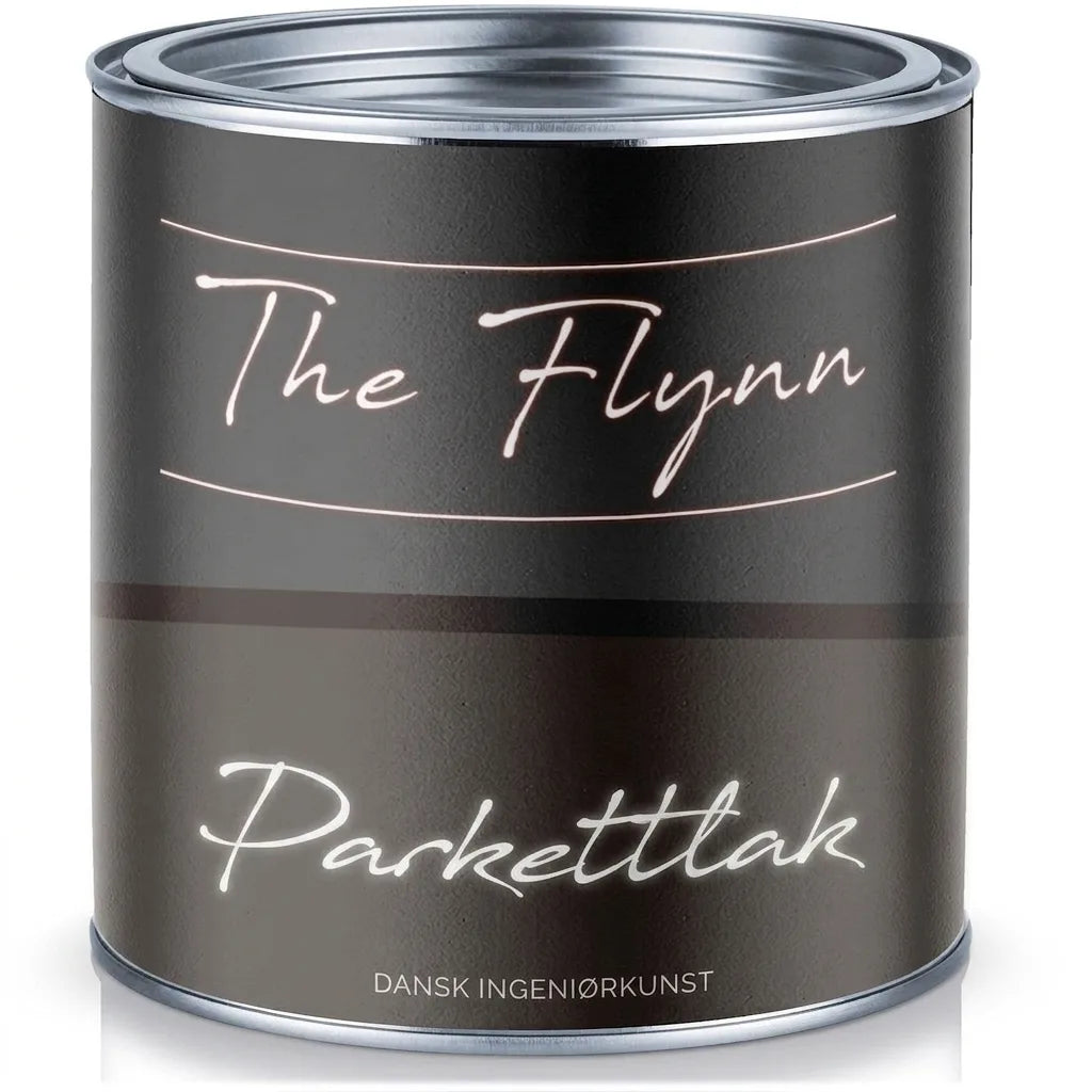 Dåse med The Flynn Parkettlack, en sort trægulvslak.