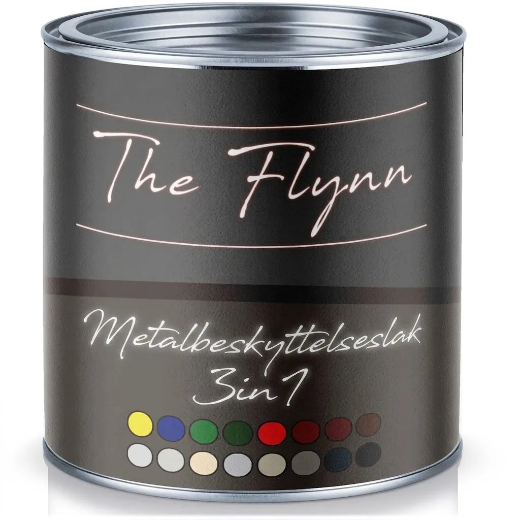 The Flynn 3-i-1 metalbeskyttelseslak i dåse med forskellige farveprøver.