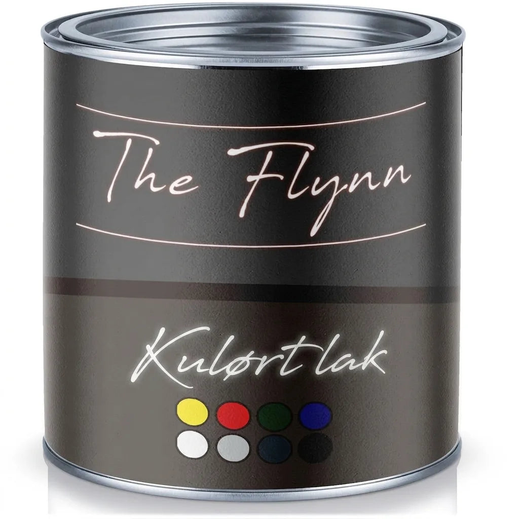 Mørkegrå malingsdåse af 'The Flynn Buntlack' med farveprøver. Emaljemaling til diverse overflader.