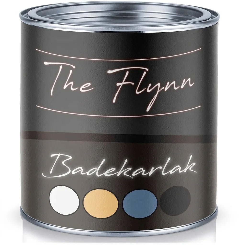 Mørk malingsdåse, 'The Flynn Badewannenlack', med fire farveprøver (hvid, beige, blå, sort).