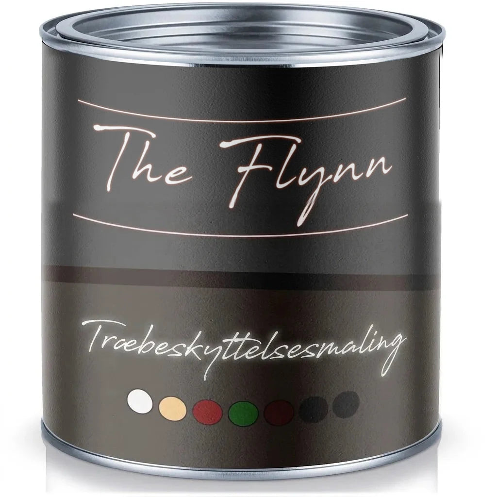 The Flynn træbeskyttelsesmaling dåse med farveprøver. Hvid, beige, rød, grøn, brun, sort.