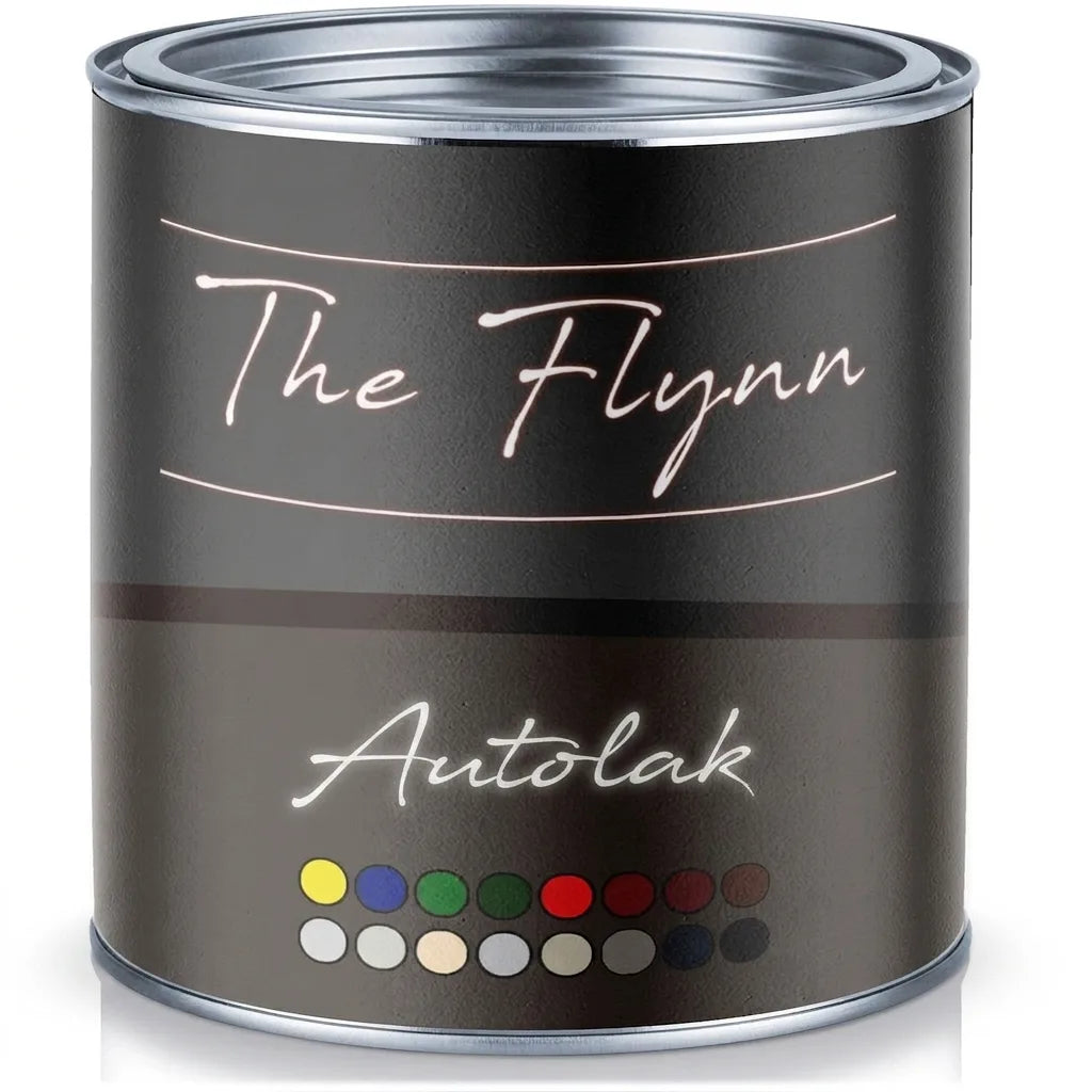 Dåse med 'The Flynn Autolack' etiket, der viser forskellige farveprøver.