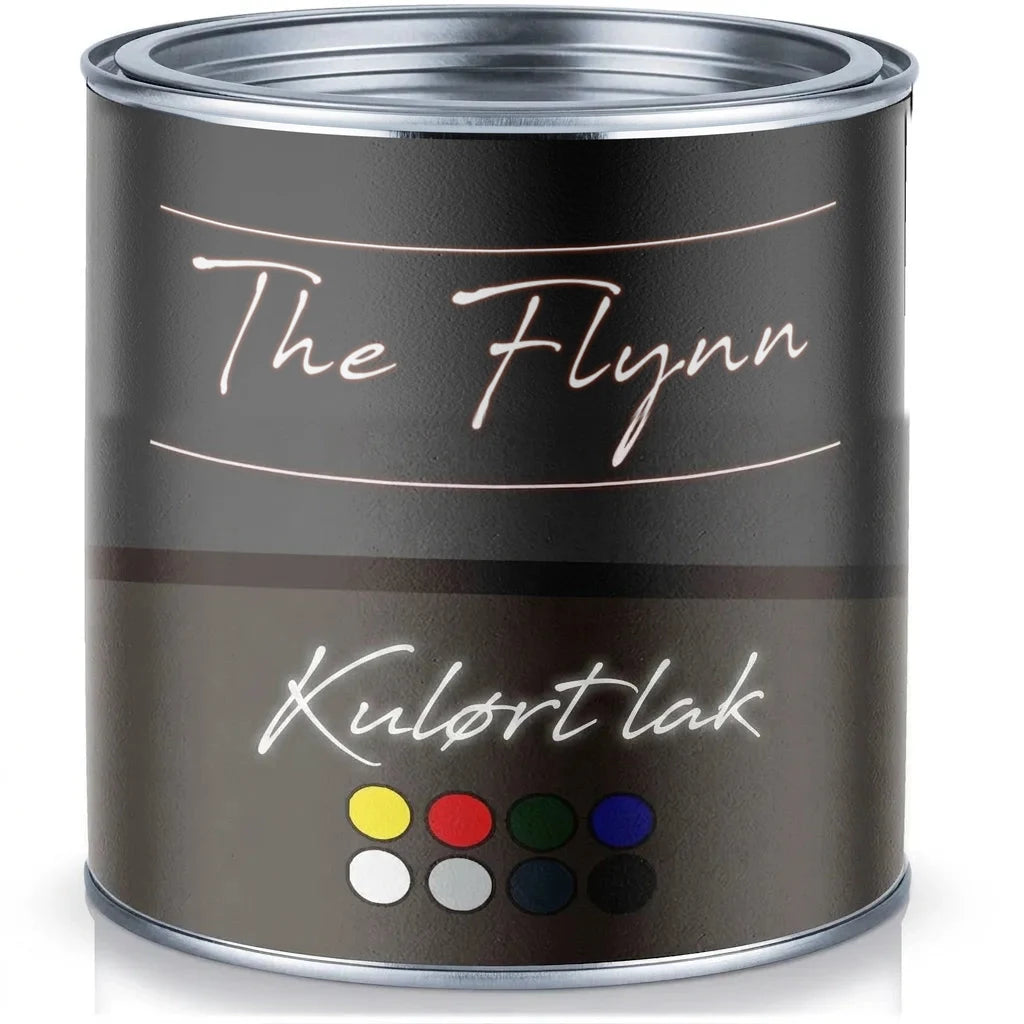 Mørkegrå malingsdåse af 'The Flynn Buntlack' med farveprøver. Emaljemaling til diverse overflader.