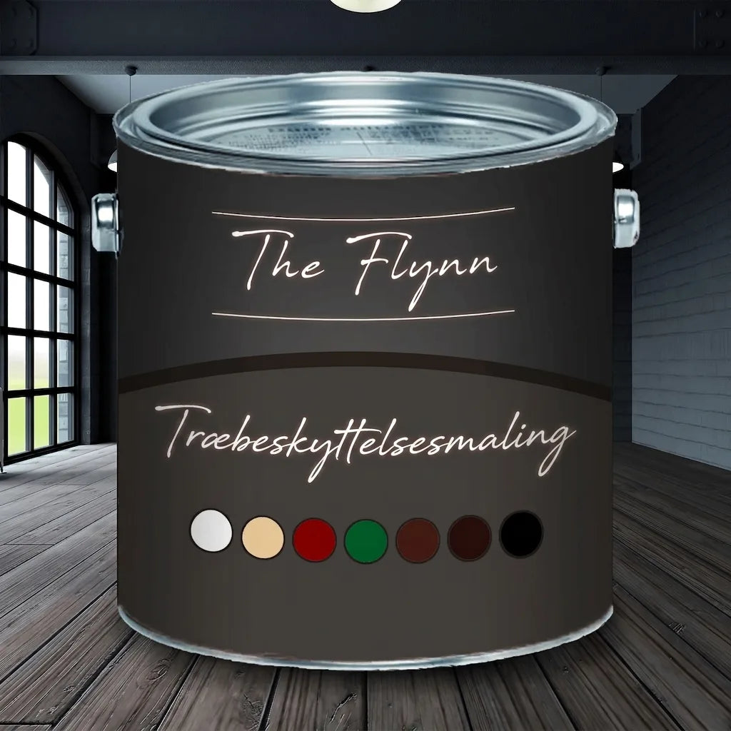 The Flynn træbeskyttelsesmaling i mørk dåse med farveprøver i hvid, beige, rød, grøn, brun og sort.