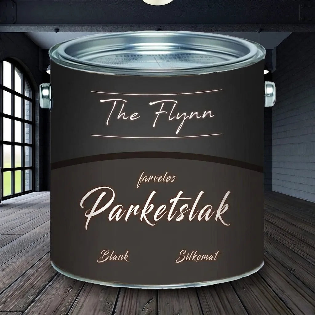 Dåse med "The Flynn" farveløs parketlak, valgfri glans eller silkemat, i et moderne rum.