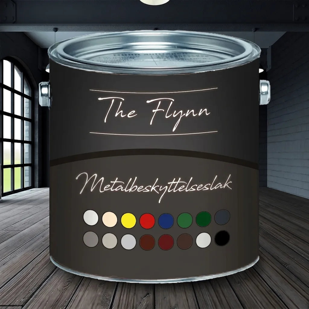 Mørkegrå malingspande med 'The Flynn' metalbeskyttende maling og farveprøver i et moderne rum.