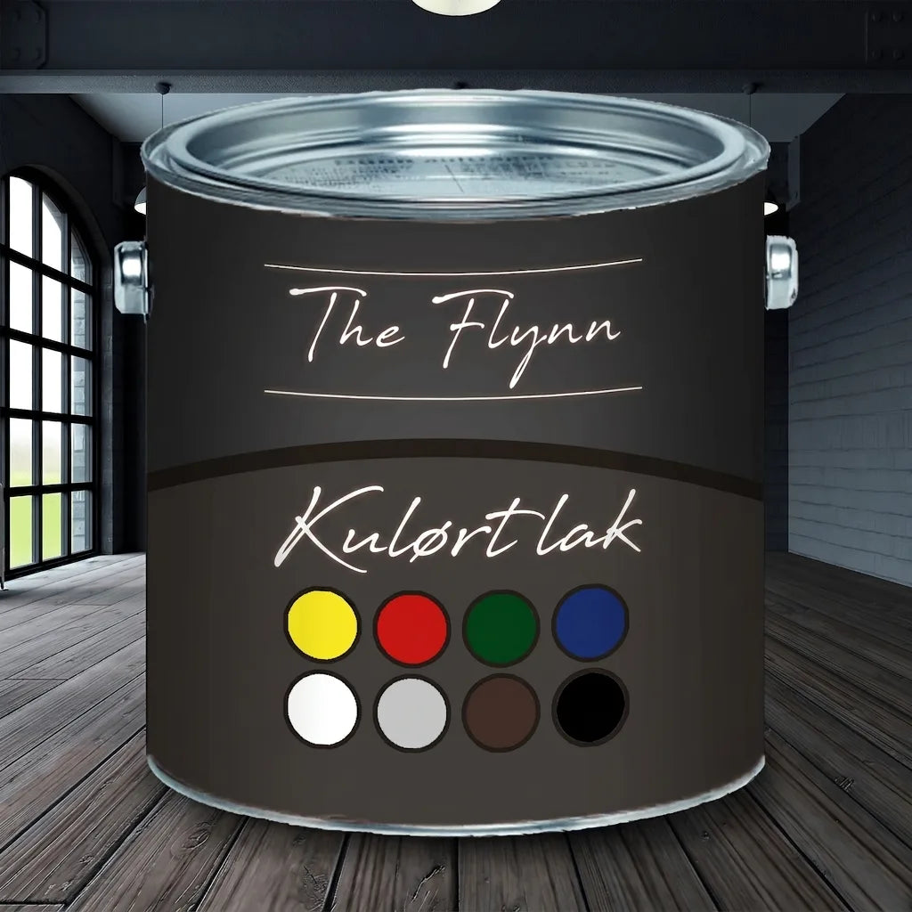 Malingsspand 'The Flynn Bunttack' med farveprøver. Mørkegrå spand i industristil.
