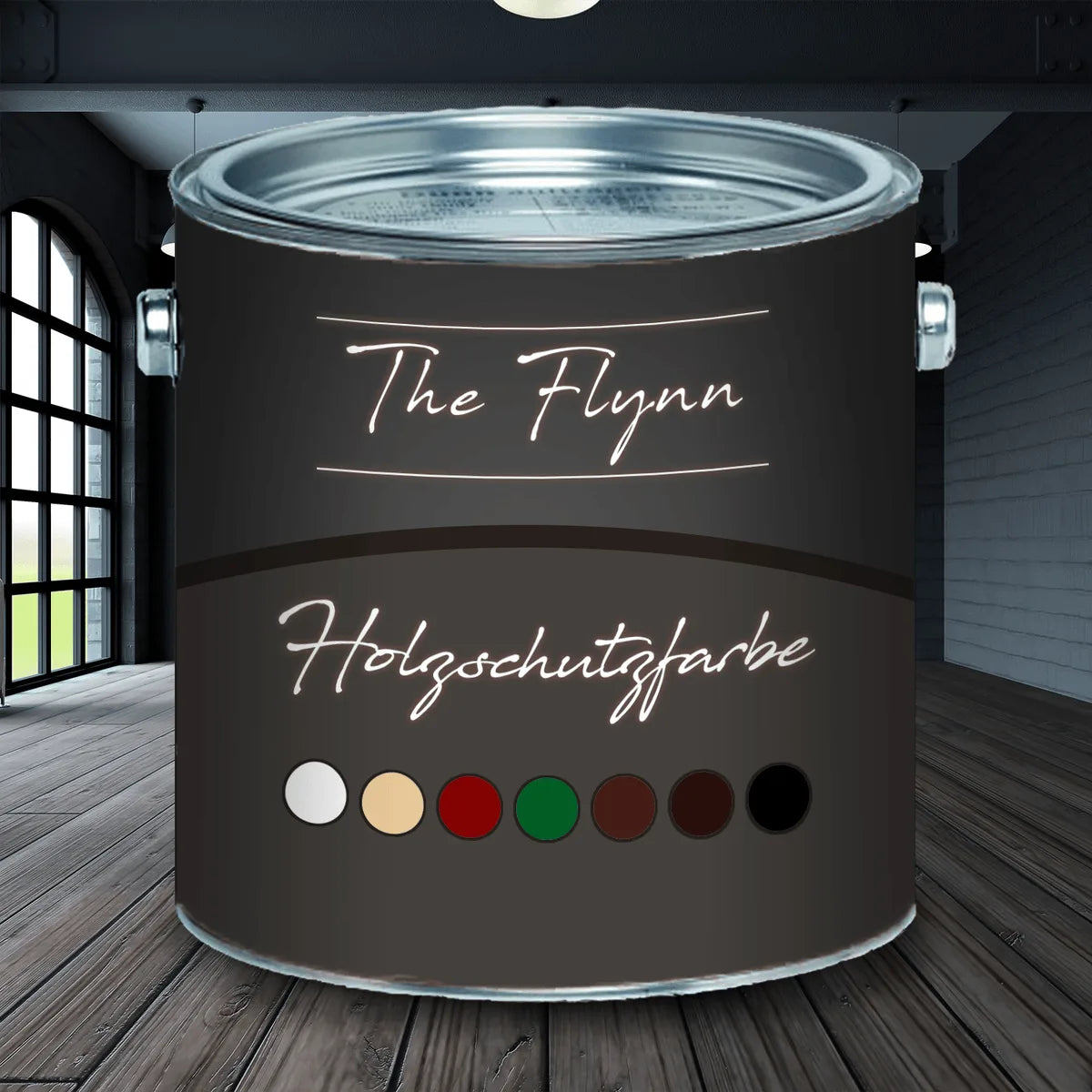 The Flynn Holzschutzfarbe malerbøtte i sort med farveprøver til træbeskyttelsesmaling i forskellige farver.