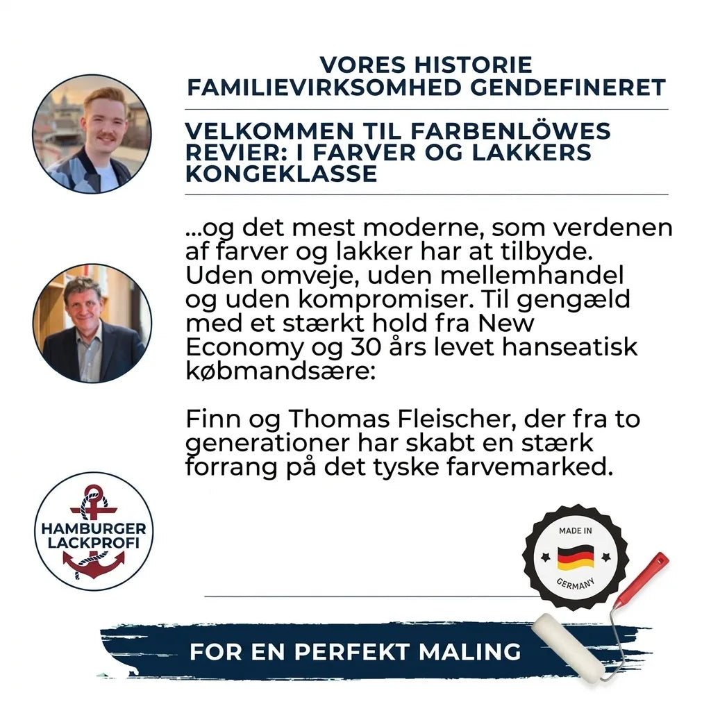 FarbenLöwe familievirksomhed præsenterer Finn og Thomas Fleischer, der tilbyder kvalitetsmaling og lak 'Made in Germany'.