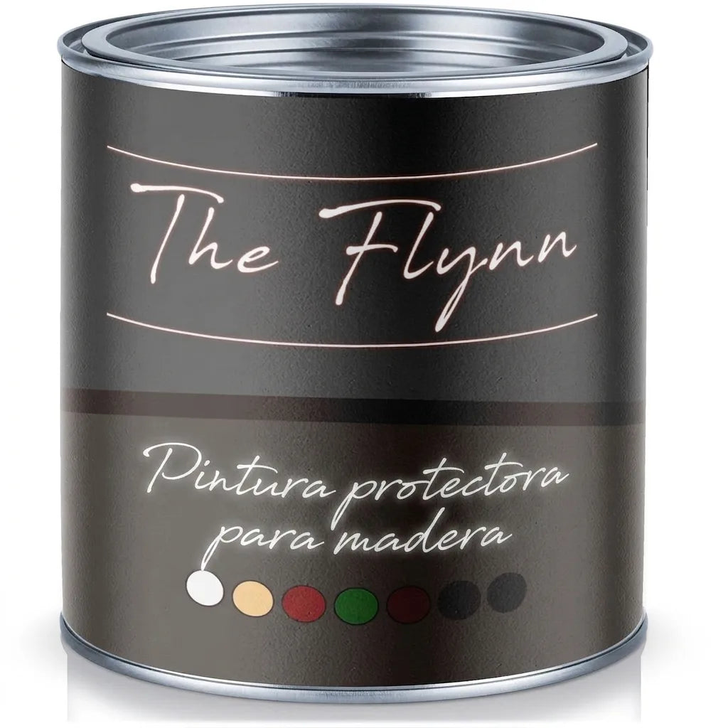 Bote de pintura The Flynn para madera. Muestras de color blanco, beige, rojo, verde, marrón, negro.
