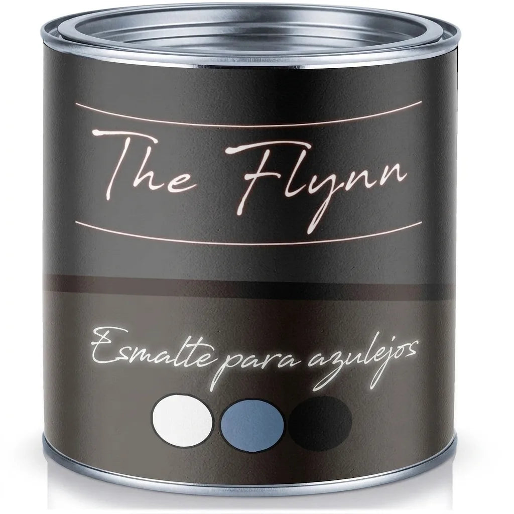 Lata de pintura The Flynn para azulejos con muestras de color blanco, azul y negro.