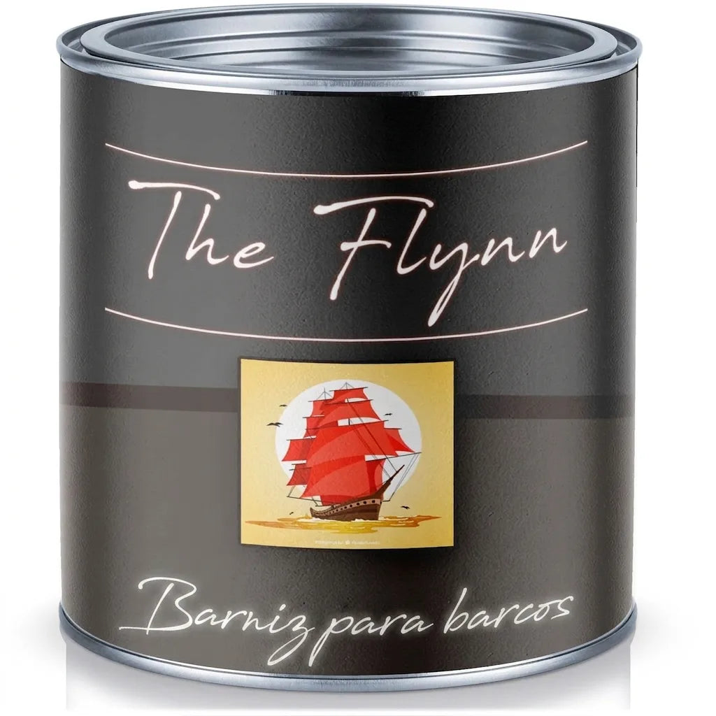 Lata de pintura negra con etiqueta The Flynn y Bootslack (barniz para barcos), mostrando un velero de velas rojas.