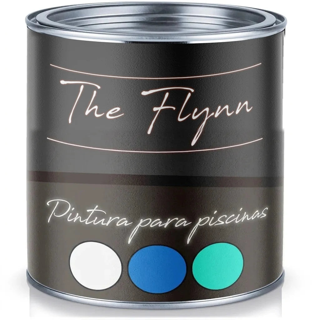 Lata de pintura The Flynn para piscinas con muestrarios de colores blanco, azul y turquesa.